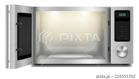 Vector 3d realistic microwave oven with light inside, with open door, front view isolated on background. Household appliance to heat and defrost food, for cooking, with timer and buttons Vector 3d realistic microwave oven with light inside, with open door, front view isolated on background. Household appliance to heat and defrost food, for cooking, with timer and buttons 128355702