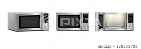 Set of microwave ovens with light inside, with open and close door, front view, Side View isolated on white background. Household appliance to heat and defrost food, for cooking, with timer and Set of microwave ovens with light inside, with open and close door, front view, Side View isolated on white background. Household appliance to heat and defrost food, for cooking, with timer and 128355703