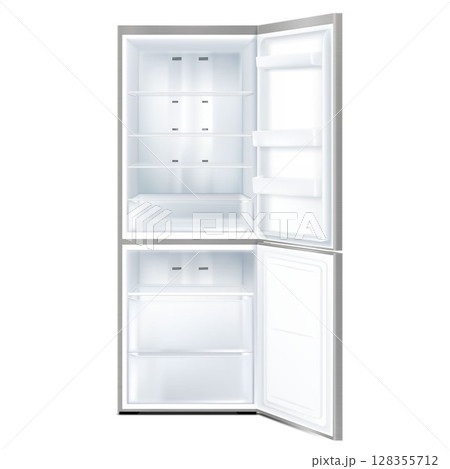 Empty open refrigerator isolated on white background. Front View of gray freezer with open doors. Realistic 3d vector Empty open refrigerator isolated on white background. Front View of gray freezer with open doors. Realistic 3d vector 128355712