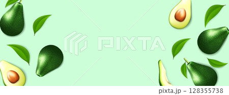Realistic tropical background with exotic avocado fruit. Healthy food illustration. Slices of avocado isolated on the white. Organic, vegan, raw food. 3d vector illustration Realistic tropical background with exotic avocado fruit. Healthy food illustration. Slices of avocado isolated on the white. Organic, vegan, raw food. 3d vector illustration 128355738