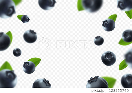 Blueberry background. Fresh berry with green leaves on transparent background. Flying defocusing blueberry berries. 3D realistic fruits. Falling blueberry. Nature product. Vector illustration. 128355740