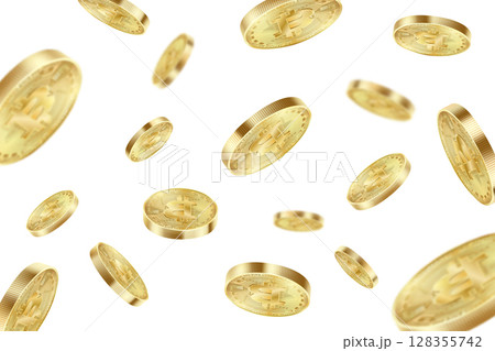 Bitcoin coins flying isolated on a white background. Bitcoin virtual cryptocurrency explosion. Realistic 3d Vector illustration. Bitcoin coins flying isolated on a white background. Bitcoin virtual cryptocurrency explosion. Realistic 3d Vector illustration. 128355742