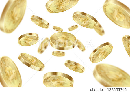 Bitcoin coins flying isolated on a white background. Bitcoin virtual cryptocurrency explosion. Realistic 3d Vector illustration. 128355743