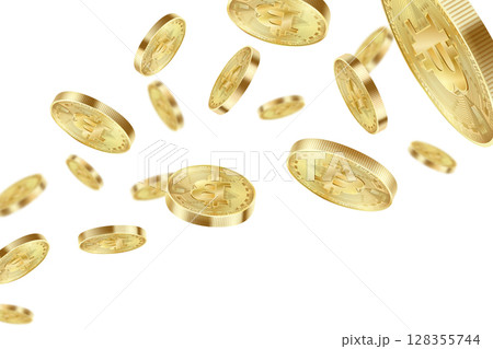 Bitcoin coins flying isolated on a white background. Bitcoin virtual cryptocurrency explosion. Realistic 3d Vector illustration. 128355744