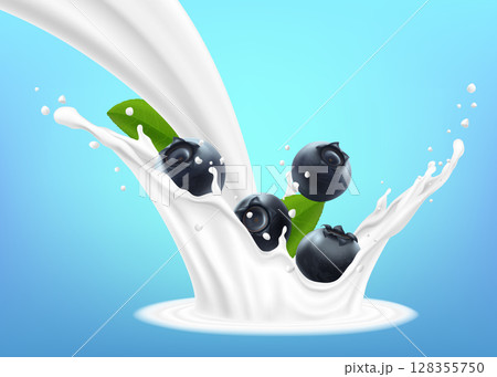 Ripe blueberry falling into the milky splash, isolated on blue background. Blueberry and milky splash, berry icon and yogurt . Realistic 3d vector illustration 128355750