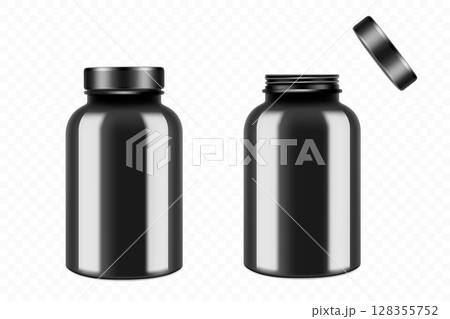 Opened and closed black plastic medical pill bottles, 3d realistic vector illustration. Mock Up Template set of medicine package for pills, capsule, drugs, isolated on white background 128355752