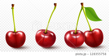 Set of ripe red cherries. Realistic 3d vector illustration. Bright berries isolated on white background Set of ripe red cherries. Realistic 3d vector illustration. Bright berries isolated on white background 128355758