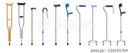 Set of walking sticks and crutches. Telescopic metal canes, wooden cane, cane with additional support, elbow crutch, telescopic crutch, wooden crutch. Medical devices. Vector illustration 128355764