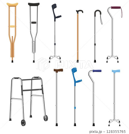 Set of mobility aids including walker, walking sticks and crutches. Telescopic metal canes, wooden cane, cane with additional support, telescopic crutch, wooden crutch. Medical devices. Vector flat 128355765