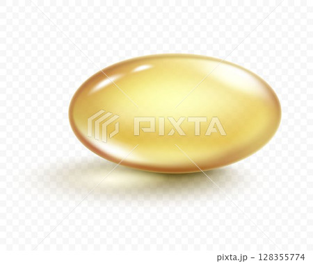 Vector Real fish oil capsule with transparency effect and shadow. Realistic medicine pills with fish oil or omega 3 vitamin supplement isolated on white background. 3d vector illustration 128355774