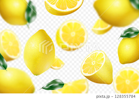 Flying whole and sliced lemons with blur effect in the background. Realistic 3d vector on a white background 128355784