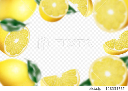 Lemon background. Flying defocusing lemon with green leaf on transparent background. 3D realistic fruits. Lemon falling from different angles. Isolated Vector illustration 128355785