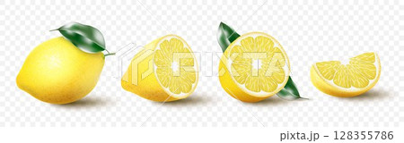 Set of realistic lemon with green leaf, whole and sliced, sour fresh fruits, bright yellow peel, lemons vector 3d illustration isolated on white background. Juicy ripe citrus collection. 128355786