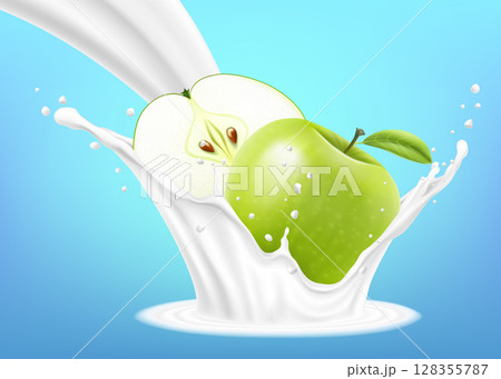 Green apple in a milk splash isolated on a blue background. Apple and milk yogurt splashing. Exercises and eat healthy food. health concept. Realistic 3d vector illustration. 128355787