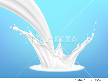 Milk splashes isolated on blue background. Illustration of milk pouring with splashes against blue background. Realistic 3d vector 128355795