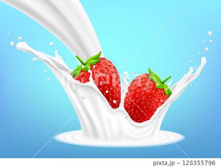 Milk splash and strawberry 3d vector object. Natural dairy products Appetizing strawberries with green leaves falling into milk with splashes. Realistic illustration on blue background 128355796