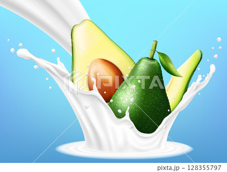 Flowing milk splash with avocado fruits vector 3d realistic ilusstration 128355797