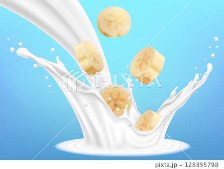 A splash of milk or yogurt with banana slices. Realistic 3d vector illustration, isolated on blue background. Ready to use for your design. 128355798