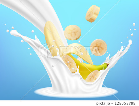 Banana with milk or yogurt splashes and drops. Realistic 3d vector illustration, isolated on blue background. Ready to use for your design. 128355799