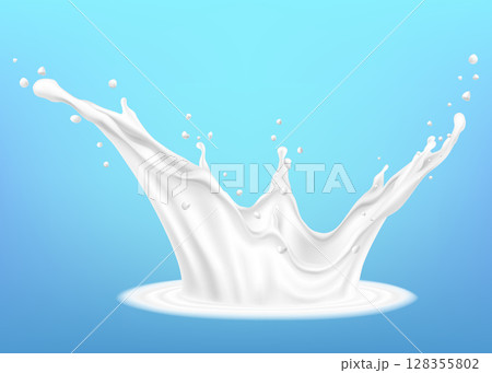 Milk splashes isolated on blue background. Illustration of milk pouring with splashes against blue background. Realistic 3d vector 128355802