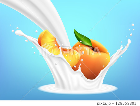 Milk splash and peach 3d vector object. Natural dairy products Peach slices falling into the milky splash. Realistic illustration. 128355803