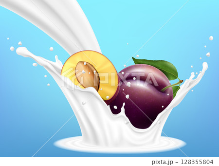 Purple plum with milk or yogurt splashes and drops. Plum in yogurt flow. Realistic 3d vector illustration, isolated on blue background. Ready to use for your design. 128355804