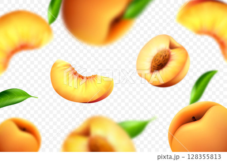 Flying peaches on white background. Vector 3d realistic illustration with blur effect 128355813