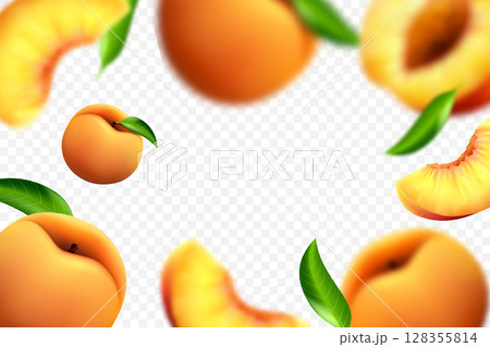 Flying peaches on white background. Vector 3d realistic illustration with blur effect 128355814