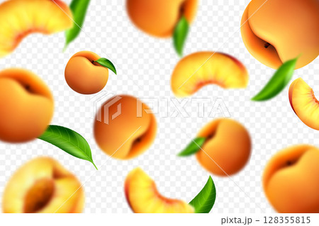 Flying peaches on white background. Vector 3d realistic illustration with blur effect 128355815