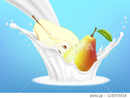 Realistic tropical whole and half sliced pear and splash of milk illustration isolated on blue background. Natural cosmetic, yogurt or fruit and milk cocktail vector concept. 128355816