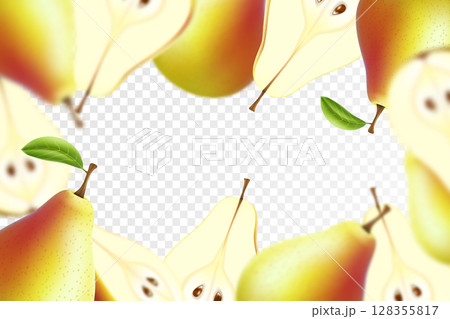 Fruit background. Realistic 3d flying pears. Whole and pieces of juicy product with leaves. health food poster. Focused and blurry objects. Vegetarian nutrition. Ripe crop 128355817