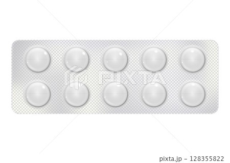 Round Pills in a blister pack for illness and pain treatment. Medical drug package for tablet: vitamin, antibiotic, aspirin. Realistic mock-up of packaging. 3d Vector illustration isolated on white 128355822