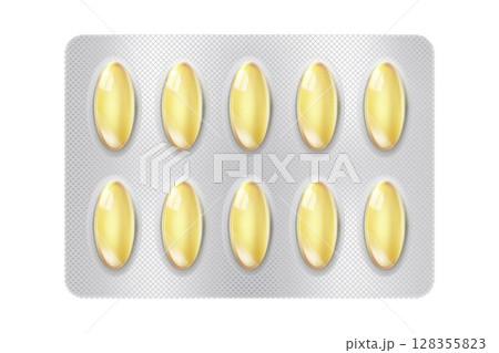Realistic fish oil Omega 3 pills blister with capsules on white background. Mock-up of pills packaging medicines vitamins. Healthcare medical. 3d vector 128355823