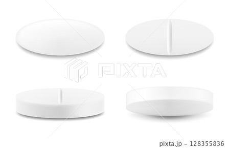 Realistic oval pills isolated on white background. Can be used for medical and cosmetic. 3d vector illustration, Isolated on white background. 128355836