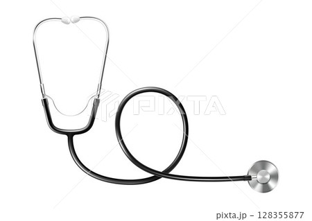 Stethoscope stainless steel tool for diagnostics. Medical equipment. Acoustic device for auscultation, listening to internal sounds. Vector 3d realistic stethoscope isolated on white background. Stethoscope stainless steel tool for diagnostics. Medical equipment. Acoustic device for auscultation, listening to internal sounds. Vector 3d realistic stethoscope isolated on white background. 128355877