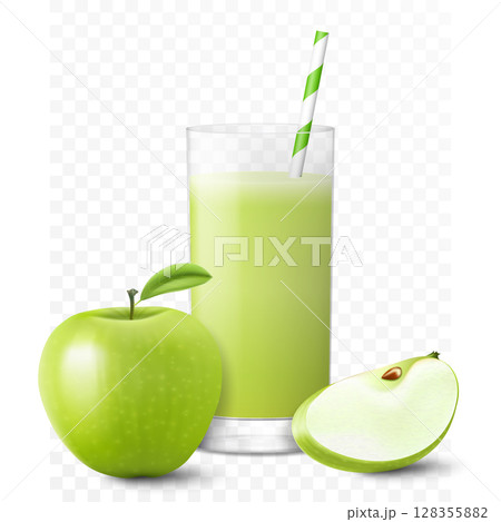Apple juice or smoothie in glass with straw, apple fresh isolated on transparent background. Green apple, whole and slice, Realistic 3d vector illustration for advertising 128355882