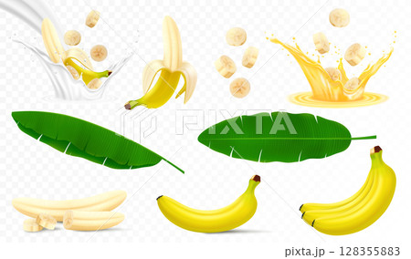 Set of banana fruits, bunch of bananas, peel, peeled banana, slices and halves, leaves from a banana palm, splash of banana in milk or juice. Realistic 3d vector illustration, isolated Set of banana fruits, bunch of bananas, peel, peeled banana, slices and halves, leaves from a banana palm, splash of banana in milk or juice. Realistic 3d vector illustration, isolated 128355883