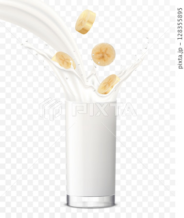 Banana slices falling in a glass of milk or yogurt. Sweet milk splashes. Fruit milkshake advertising banner, yogurt jet, white drink in glass cup, Realistic 3d vector illustration, isolated 128355895