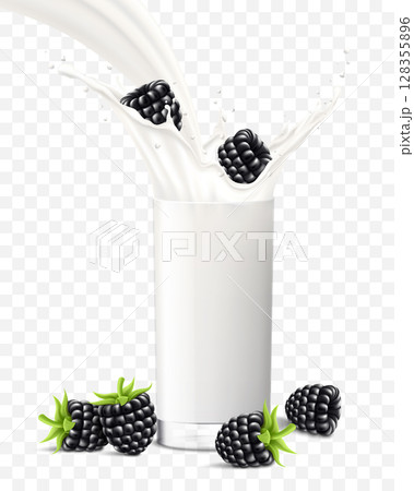 Blackberry falling in a glass of milk or yogurt. Fruit milkshake advertising banner, yogurt jet, flying drops, white drink in glass cup, Realistic 3d vector, isolated on transparent background 128355896