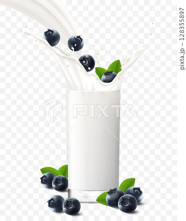 Blueberry falling in a glass of milk or yogurt. Fruit milkshake advertising banner, yogurt jet, white drink in glass cup, Realistic 3d vector illustration, isolated on transparent background. 128355897