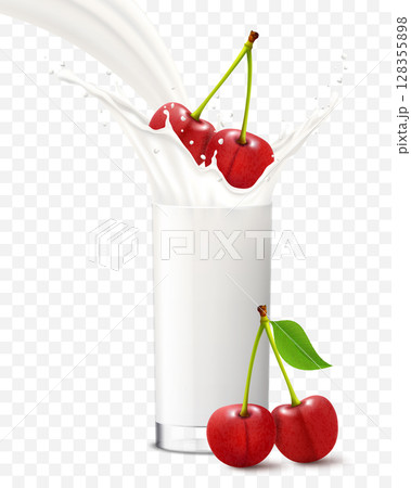 Cherry falling in a glass of milk or yogurt. Sweet milk splashes. Fruit milkshake advertising banner, yogurt jet, flying drops, white drink in glass cup, Realistic 3d vector illustration, isolated 128355898