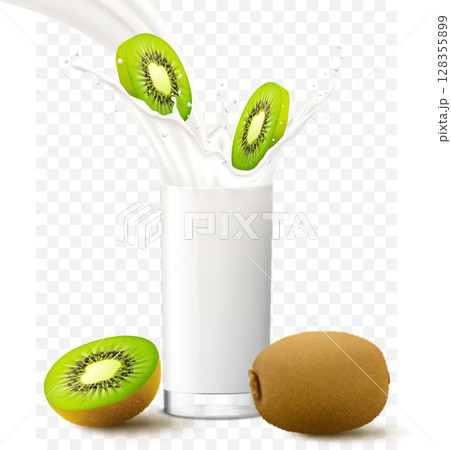 Kiwi fruit slices falling in a glass of milk or yogurt. Fruit milkshake advertising banner, yogurt jet, white drink in glass cup, Realistic 3d vector illustration, isolated 128355899