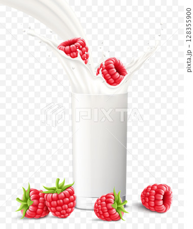 Raspberry falling in a glass of milk or yogurt. Sweet milk splashes. Fruit milkshake advertising banner, yogurt jet, flying drops, white drink in glass cup, Realistic 3d vector illustration, isolated 128355900