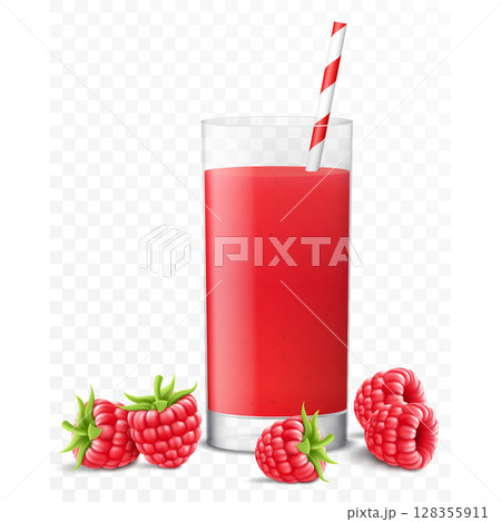Glass of fresh raspberry juice with berries and striped straw for cocktails, isolated on transparent background. Smoothies of raspberry. Realistic 3d vector illustration for advertising your products 128355911