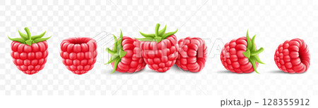 Collection of ripe raspberries isolated on background. Natural summer fruit, realistic 3d vector illustration. Ingredient for juices, jams, yogurts, compotes. Mockup for package 128355912
