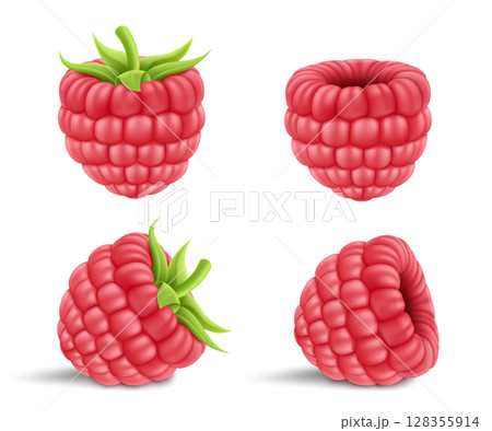 Collection of ripe raspberries isolated on background. Natural summer fruit, realistic 3d vector illustration. Ingredient for juices, jams, yogurts, compotes. Mockup for package design 128355914