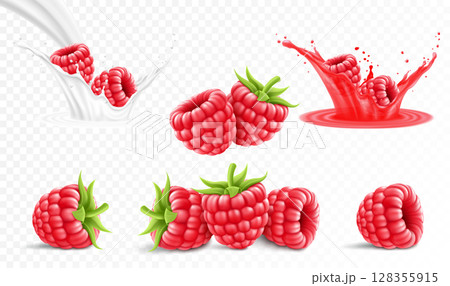Collection of ripe raspberries isolated on transparent background. Raspberry in a splash of juice with drops, raspberries in a splash of milk or yogurt, 3d realistic vector set. 128355915