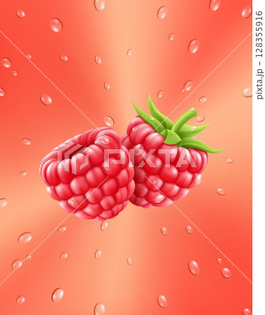 Ripe raspberries. Background of fresh raspberries and drops of water. Seamless pattern for your design. Realistic 3d vector illustration. Close-up. Packaging design elements. 128355916