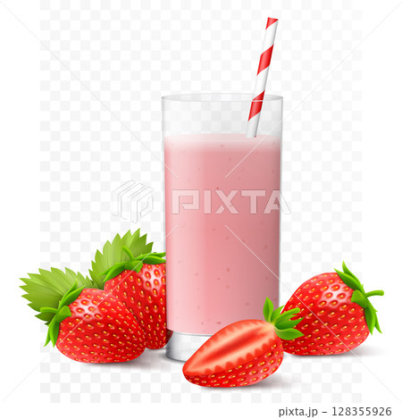 Strawberry juice, cocktail, smoothie or yogurt in glass with straw. Whole and half of strawberry, isolated on transparent background. Realistic 3d vector illustration 128355926