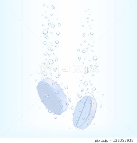Tablet with bubbles. Effervescent dissolving aspirin tablets in carbonated water. Effervescent soluble tablets. Sparkling water bubble trails. Realistic 3d vector 128355939